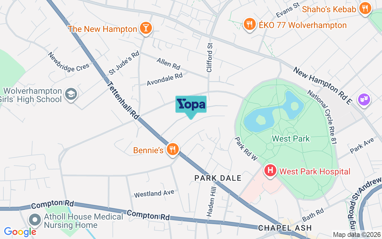 Map showing the location of WV1 4TE