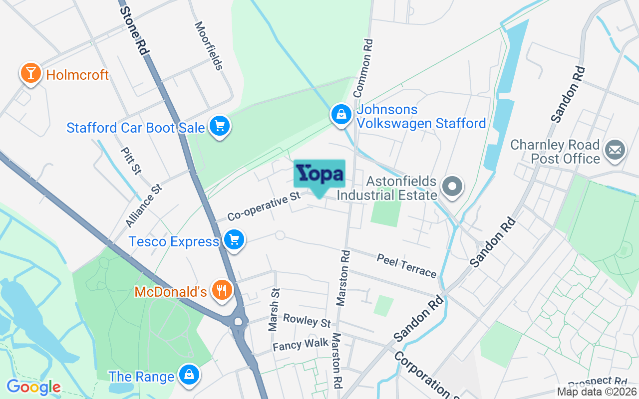 Map showing the location of ST16 3BZ