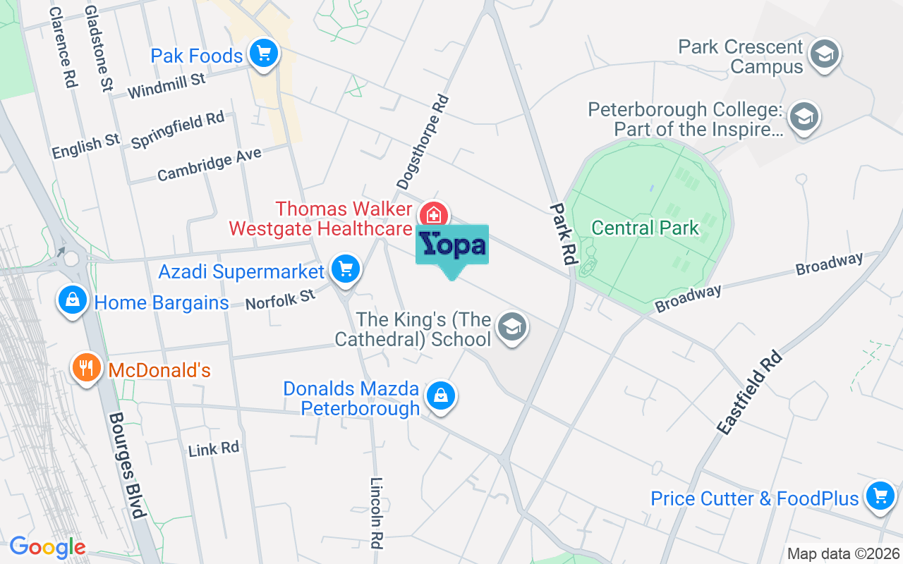 Map showing the location of PE1 2QN
